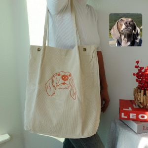 Personalized Pet Photo Tote Bag, Custom Embroidered Corduroy Shoulder Bag, Dog & Cat Portrait Purse, Gift for Her, Him, or Pet Lovers