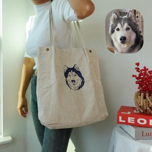 Personalized Pet Photo Tote Bag, Custom Embroidered Corduroy Shoulder Bag, Dog & Cat Portrait Purse, Gift for Her, Him, or Pet Lovers