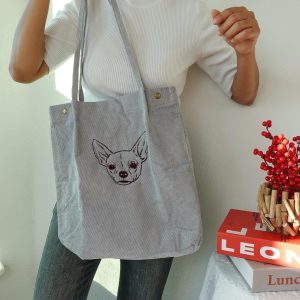Personalized Pet Photo Tote Bag, Custom Embroidered Corduroy Shoulder Bag, Dog & Cat Portrait Purse, Gift for Her, Him, or Pet Lovers
