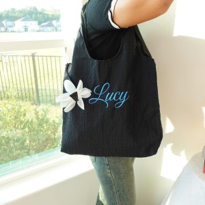 Personalized Tote Bag with Flower Pin, Lightweight Large Shoulder Bag, Soft Reusable Grocery Bag, Kawaii Aesthetic Gift for Women.