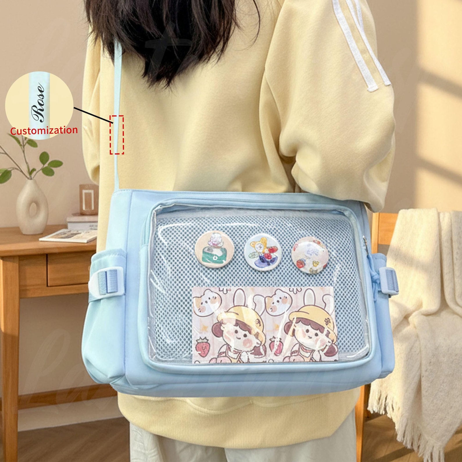 Pin Collector’S Shoulder Bag, Personalized Anime Ita Shoulder Bag,Daily Commuter Crossbody Bag, Kawaii Transparent Ita Bag. Sling Bag Woman