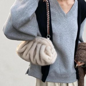 Pleated Faux Fur Shoulder Bag – Soft Plush Women’s Hobo Handbag