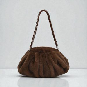 Pleated Faux Fur Shoulder Bag – Soft Plush Women’s Hobo Handbag