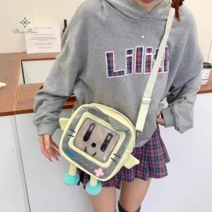 Plush Cat Ita Bag – Kawaii Square Transparent Crossbody Shoulder Handbag for Women