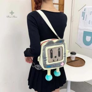 Plush Cat Ita Bag – Kawaii Square Transparent Crossbody Shoulder Handbag for Women