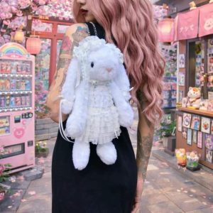 Plush Rabbit Lolita Backpack White Lace Y2K Bag