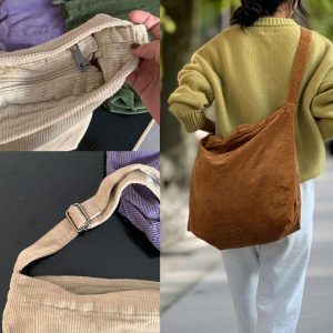 Retro Corduroy Crossbody Bag, Large Capacity Shoulder Tote, Casual Travel Handbag, Shoulder Bag With Zipper, Casual Corduroy Bag for Women