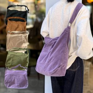 Retro Corduroy Crossbody Bag, Large Capacity Shoulder Tote, Casual Travel Handbag, Shoulder Bag With Zipper, Casual Corduroy Bag for Women