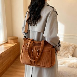 Retro Corduroy Tote Bag With Adjustable Strap, Zipper, Personalized Bag, Minimalist Corduroy Shoulder Bag, Corduroy Bag Crossbody Bag, Gift