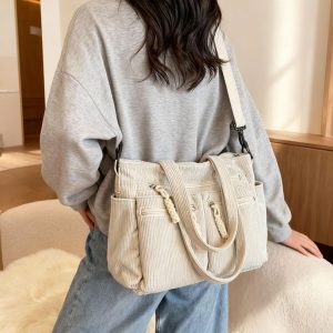 Retro Corduroy Tote Bag With Adjustable Strap, Zipper, Personalized Bag, Minimalist Corduroy Shoulder Bag, Corduroy Bag Crossbody Bag, Gift