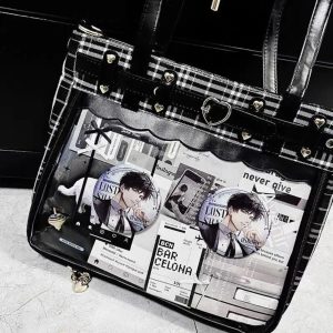 Retro Plaid Ita Tote Bag – Kawaii Transparent Checkered Shoulder Handbag for Pins & Charms