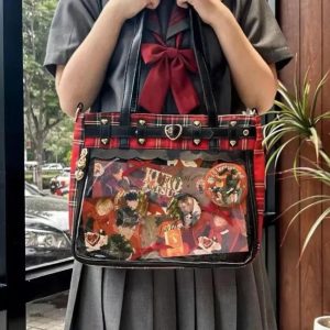 Retro Plaid Ita Tote Bag – Kawaii Transparent Checkered Shoulder Handbag for Pins & Charms