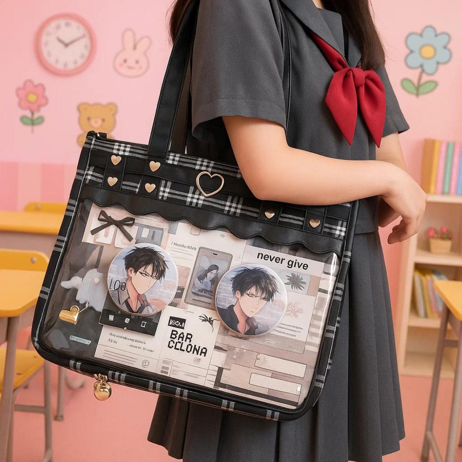 Retro Plaid Ita Tote Bag – Kawaii Transparent Checkered Shoulder Handbag for Pins & Charms