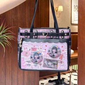 Retro Plaid Ita Tote Bag – Kawaii Transparent Checkered Shoulder Handbag for Pins & Charms