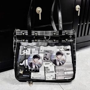Retro Plaid Ita Tote Bag – Kawaii Transparent Checkered Shoulder Handbag for Pins & Charms
