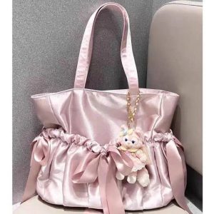 Ribbon Bow Harajuku Shoulder Bag – Y2K Lolita Pleated Large Capacity Student Tote Handbag