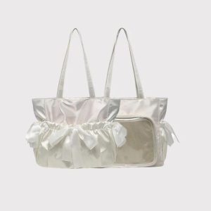 Ribbon Bow Harajuku Shoulder Bag – Y2K Lolita Pleated Large Capacity Student Tote Handbag