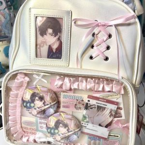 Ribbon Ita Bag Backpack – Large Clear Window Display Bag for Pins, Keychains & Anime Merch, Kawaii Lolita Style