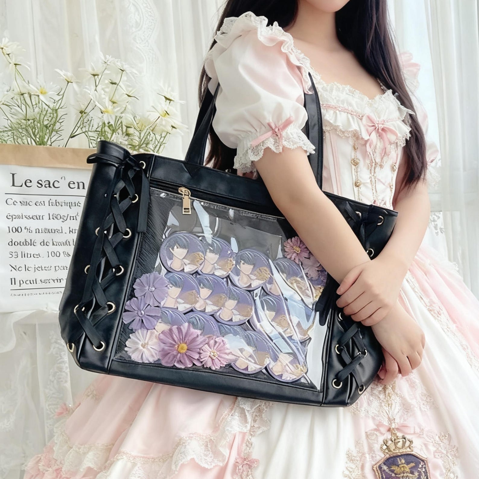 Ribbon Ita Bag Pins Display Single Shoulder Crossbody Bag PU Leather Big Capacity Tote Bag with Zipper and Insert