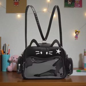 Sac Cat Ita Y2K - Sac à dos Kawaii en cuir PU avec poche transparente