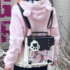 Square Ita Backpack – Kawaii JK Uniform Style PU Harajuku Shoulder Handbag with Transparent Pocket