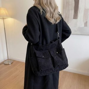 Vintage Multi-Pocket Corduroy Shoulder & Customizable Name Embroidered Crossbody Tote Bag,Large Daily Handbag,Casual Handbag, Christmas Gift