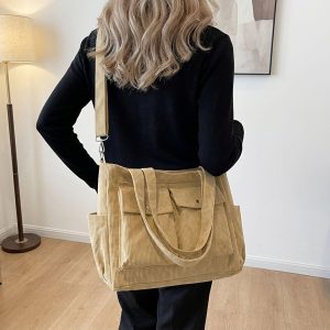 Vintage Multi-Pocket Corduroy Shoulder & Customizable Name Embroidered Crossbody Tote Bag,Large Daily Handbag,Casual Handbag, Christmas Gift