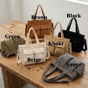 Vintage Multi-Pocket Corduroy Shoulder & Customizable Name Embroidered Crossbody Tote Bag,Large Daily Handbag,Casual Handbag, Christmas Gift