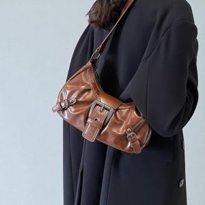 Vintage Y2K Shoulder Bag, Retro Buckle Handbag for Women, 90s Aesthetic Mini Purse, Grunge Streetwear Tote, Fashion Gift for Her