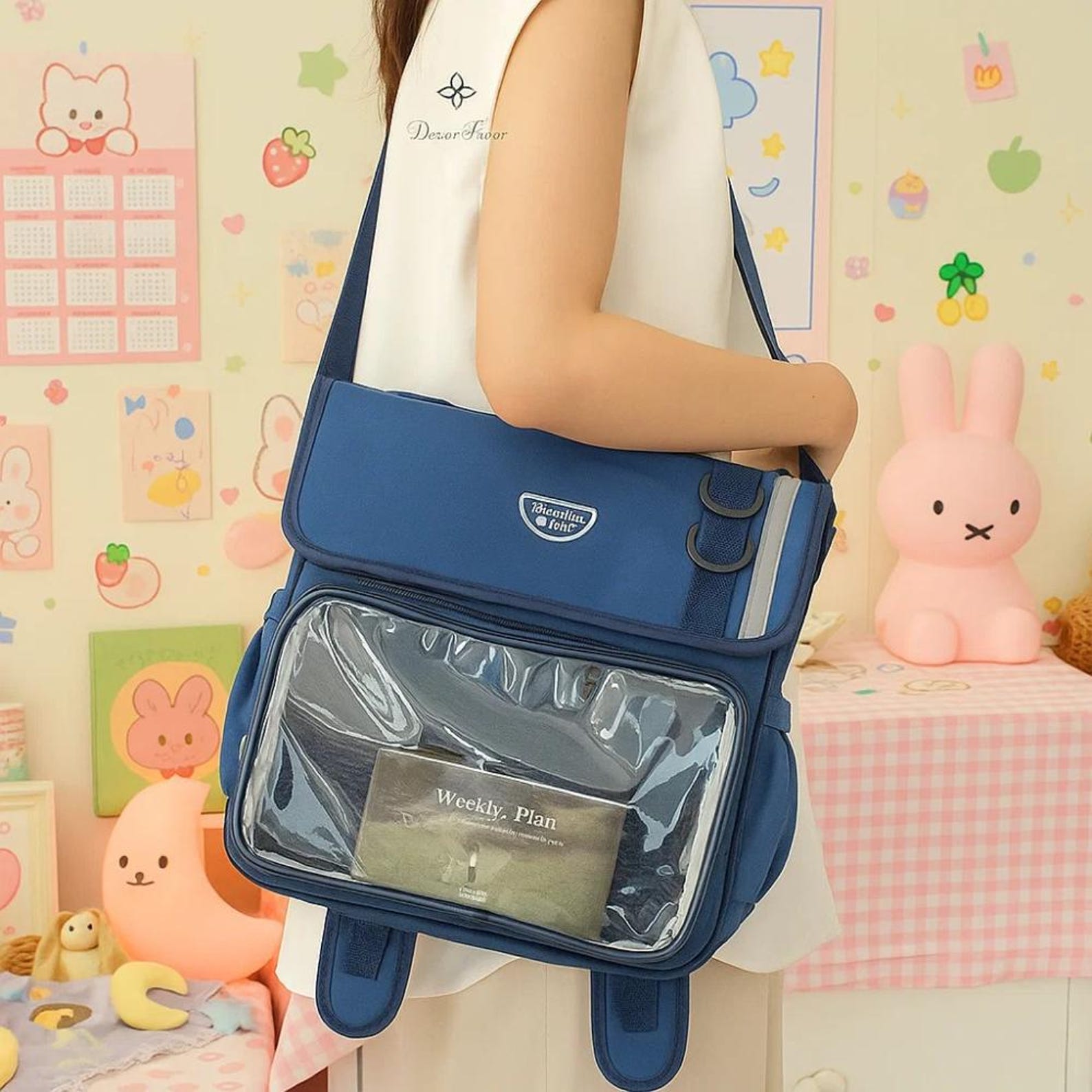 Women’s Kawaii Ita Backpack | Large Capacity Transparent Display Bag | Oxford Cloth DIY Badge Crossbody Tote