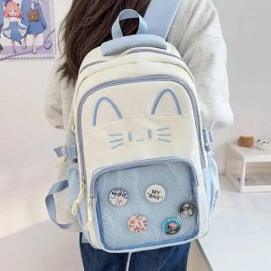 Y2K Cat Ita Backpack | Kawaii Transparent School Bag for Women | Large Capacity Nylon Rucksack | Cute Harajuku Travel Bag