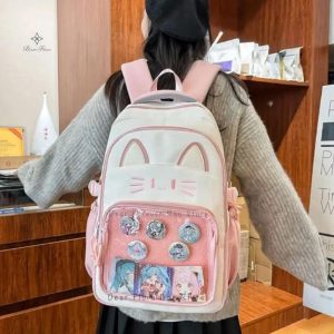 Y2K Cat Ita Backpack | Kawaii Transparent School Bag for Women | Large Capacity Nylon Rucksack | Cute Harajuku Travel Bag