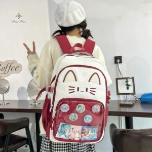 Y2K Cat Ita Backpack | Kawaii Transparent School Bag for Women | Large Capacity Nylon Rucksack | Cute Harajuku Travel Bag
