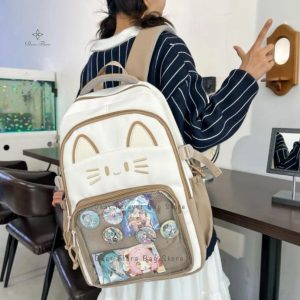 Y2K Cat Ita Backpack | Kawaii Transparent School Bag for Women | Large Capacity Nylon Rucksack | Cute Harajuku Travel Bag