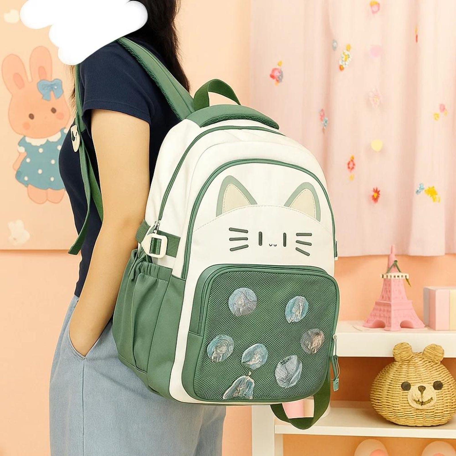 Y2K Cat Ita Backpack | Kawaii Transparent School Bag for Women | Large Capacity Nylon Rucksack | Cute Harajuku Travel Bag