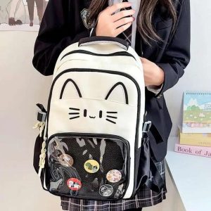 Y2K Cat Ita Backpack | Kawaii Transparent School Bag for Women | Large Capacity Nylon Rucksack | Cute Harajuku Travel Bag