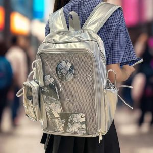 Y2K Ita Backpack – Anime Badge Display, PU Leather Mochila