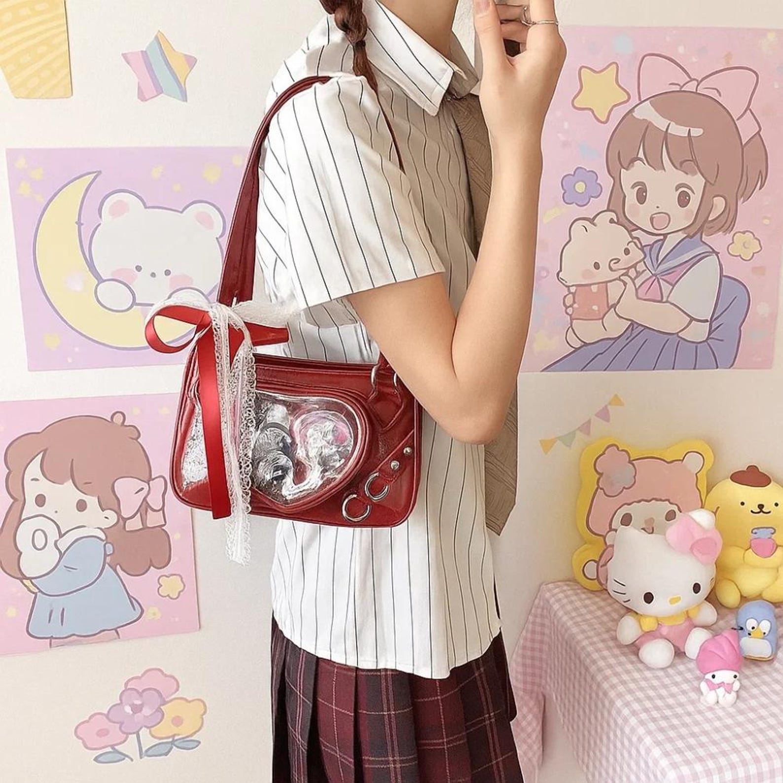 Y2K Ita Bag – Kawaii Heart Shoulder Crossbody with Lace