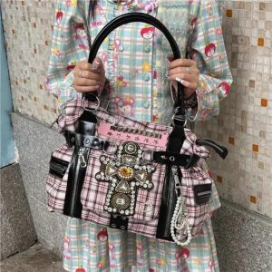 Y2K Plaid Briefcase Tote – Harajuku Canvas Shoulder Handbag with Punk Chains