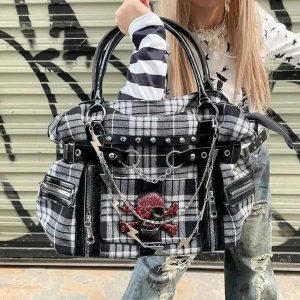 Y2K Plaid Briefcase Tote – Harajuku Canvas Shoulder Handbag with Punk Chains