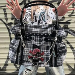 Y2K Plaid Briefcase Tote – Harajuku Canvas Shoulder Handbag with Punk Chains