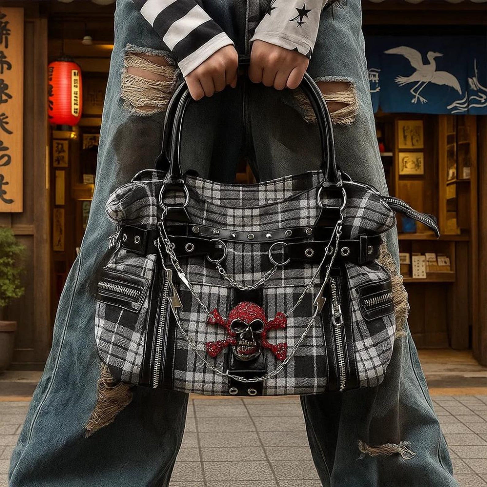 Y2K Plaid Briefcase Tote – Harajuku Canvas Shoulder Handbag with Punk Chains