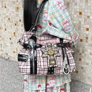 Y2K Plaid Briefcase Tote – Harajuku Canvas Shoulder Handbag with Punk Chains