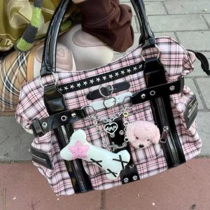 Y2K Plaid Briefcase Tote – Harajuku Canvas Shoulder Handbag with Punk Chains