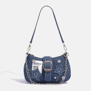 Y2K Star Denim Shoulder Bag Vintage Chain Underarm Purse