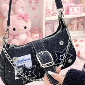 Y2K Star Denim Shoulder Bag Vintage Chain Underarm Purse