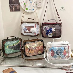 Y2K Vintage Ita Crossbody Bag | Cute Girl Transparent Shoulder Bag | PU Patchwork DIY Display Handbag