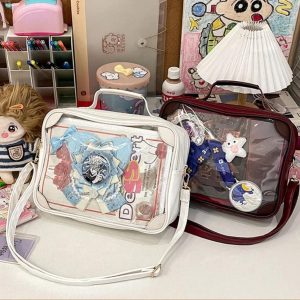 Y2K Vintage Ita Crossbody Bag | Cute Girl Transparent Shoulder Bag | PU Patchwork DIY Display Handbag