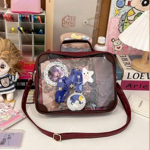 Y2K Vintage Ita Crossbody Bag | Cute Girl Transparent Shoulder Bag | PU Patchwork DIY Display Handbag