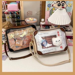 Y2K Vintage Ita Crossbody Bag | Cute Girl Transparent Shoulder Bag | PU Patchwork DIY Display Handbag